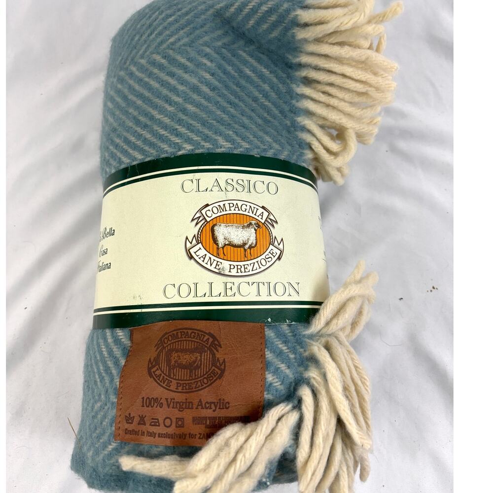 Vintage Italian Herringbone Throw Blanket Smoke Blue 53x60 Fringe Made‎ in Italy